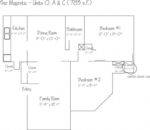 Floor plan for 2 beds, 1 bath
